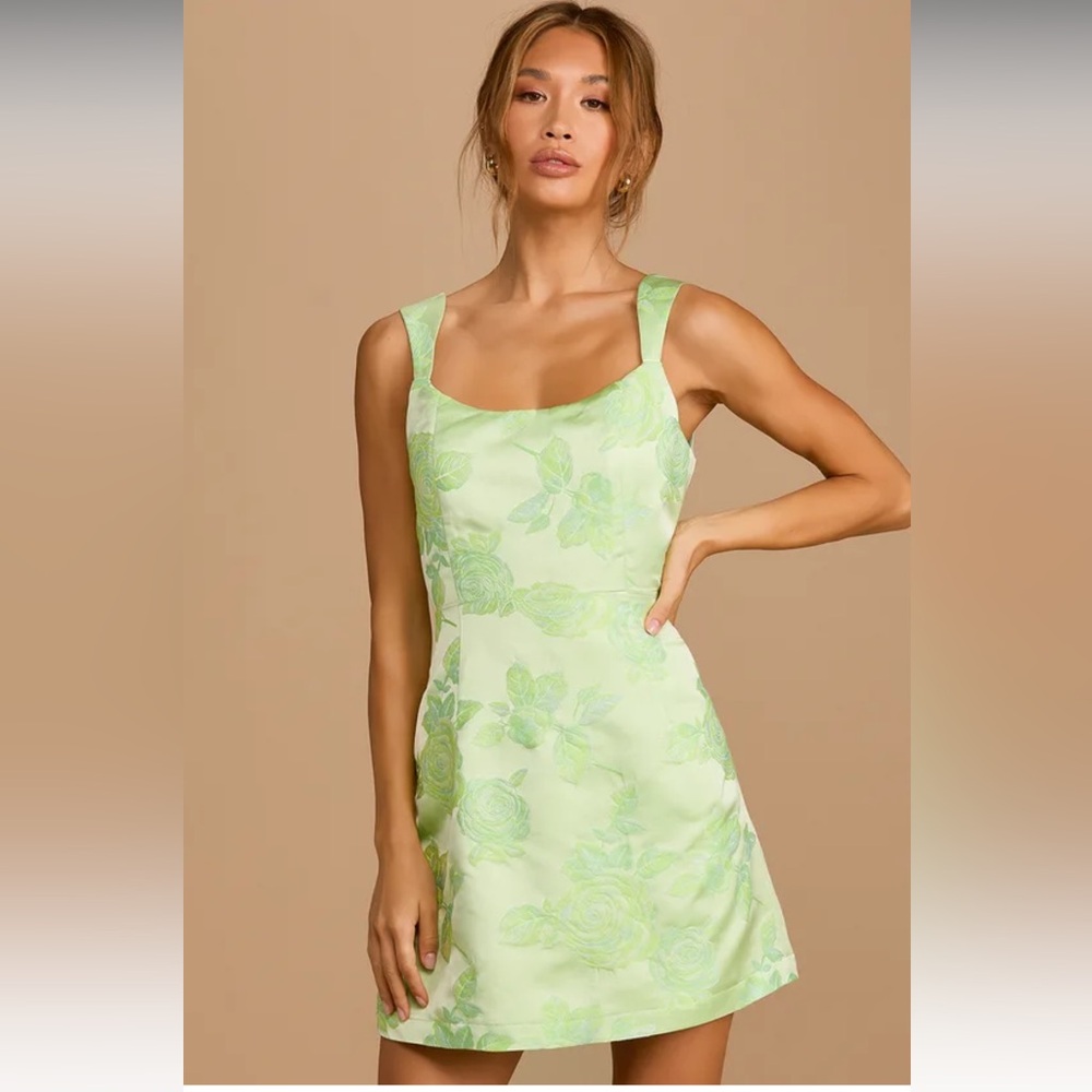 Brighter Side Light Green Floral Satin Jacquard Mini Dress